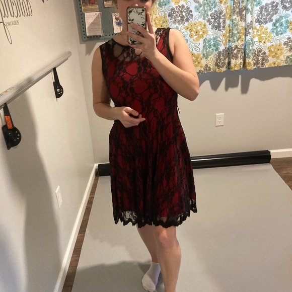 Black and Red Lace Dress, Lace overlay and sash - Picture 1 of 2